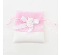 Ingrosso e Risparmio 12 X Sacchetti per Confetti Rosa e Bianco, con Fiocco Bianco e Orsetto con Cuore Rosa in Mano, confettata Bambina Battesimo, Nascita e Compleanno.(Personalizza Confezione)