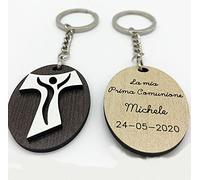 Ingrosso e Risparmio 20 Portachiavi in Legno Personalizzati con Ciondolo Ovale e Croce tao/Tau, bomboniere sacre Battesimo, Comunione, cresima (con Personalizzazione-con Confezione Panna)