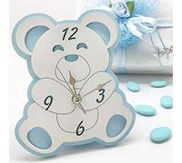 Ingrosso e Risparmio Bomboniera Battesimo 10 pz Orologio d'appoggio a Forma di Orsetto Bianco e Azzurro in Legno Idee Maschietto Nascita Scatola Regalo Inclusa