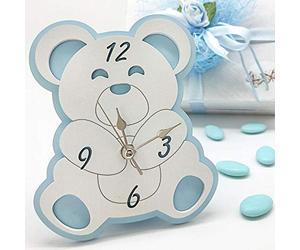 Ingrosso e Risparmio Bomboniera Battesimo 10 pz Orologio d'appoggio a Forma di Orsetto Bianco e Azzurro in Legno Idee Maschietto Nascita Scatola Regalo Inclusa