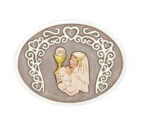 Ingrosso e Risparmio Bomboniera Comunione 1 pz Quadretto d'Appoggio Icona Sacra da Tavolo Ovale in Resina con Strass e Decoro con Cuori Raffigurante Bambina in Preghiera Idea Regalo Sacro Bimba