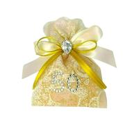 Ingrosso e Risparmio Bomboniere Annivesario 12PZ Sacchetto Portaconfetti Nozze Oro con Numero 50 in Strass, TNT Bianco e Tulle Color Oro Decorato con Fiocco Oro e Punto Luce Elegante Economico