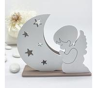 Ingrosso e Risparmio Bomboniere Battesimo 1 pz Mini Lampada LED con Angioletto in Legno e Luna con Scatola Inclusa Bambino Bimba Femminuccia Maschietto Evento Celebrazione Sacro