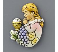 Ingrosso e Risparmio Bomboniere Comunione 12 pz Magnete Bimba in Preghiera Colorato con Simboli Sacri Calice e Ostia Pane Bambina Confettata Segnaposto