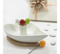 Ingrosso e Risparmio Ciotola Bianca a Forma di Cuore in Ceramica, con Base in Legno, Completa di 4 spadini Colorati, Idee utili bomboniere economiche Nozze (con Confezione Panna)