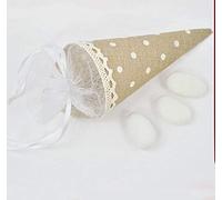 Ingrosso e Risparmio Coni Porta Confetti,Petali,Riso in Juta Color Avana e Pois Bianchi Chiusi da Un Tulle Bianco e nastrino in Tinta - Bomboniere Nozze,Matrimonio (Kit 12 pz Senza Confetti)