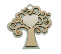 Ingrosso e Risparmio Kit 12 Decorazioni in Legno raffiguranti Albero della Vita di Colore Celeste con gessetto a Forma di Cuore Ideale per confettate