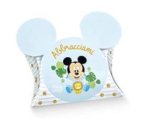 Ingrosso e Risparmio Kit 12 Pezzi scatoline celesti Disney a bustina con Micky Mouse e Scritta abbracciami, bomboniere Nascita Bimbo.
