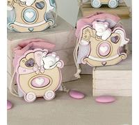 Ingrosso e Risparmio Kit 12 scatoline per Confetti a Forma di Carrozzina e Cavallo a Dondolo con Particolari Rosa e Orsetto, Assortito in Due Varianti.