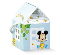 Ingrosso e Risparmio Kit 12 Scatoline Topolino Disney Baby a Forma di casetta con Cordoncino per Confetti o oggettini - pensierini Nascita Maschietto