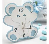Ingrosso e Risparmio Orologio in Legno da Tavolo a Forma di elefantino Bianco e Celeste, bomboniere Battesimo, Idee Regalo Bambino, Completo di Scatola Regalo (Kit 10 pz., (B) con Confezione)