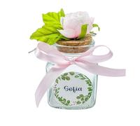 Ingrosso e Risparmio Set 12PZ Barattolini Portaconfetti con Fiore su Tappo di Sughero 12 Bustine Confetti 12 Adesivi Personalizzabili Nastro Fiocco Matrimonio Comunione Cresima (Rosa)