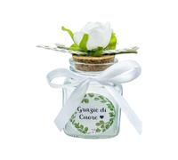 Ingrosso e Risparmio Set 12PZ Barattolini Portaconfetti con Fiore su Tappo di Sughero 12 Bustine Confetti 12 Adesivi Personalizzabili Nastro Fiocco Matrimonio Comunione Cresima (Bianco)