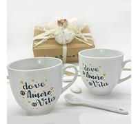 Ingrosso e Risparmio Set di 2 Tazze da Cappuccino Bianche in Ceramica con Frase Dove c'è Amore c'è Vita e cucchiaino, bomboniere Matrimonio, Completo di Scatola Regalo (con Confezione Bianca)