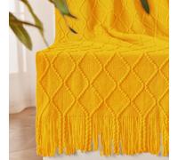 inhand, Coperta autunnale lavorata a maglia per divano e letto, coperta per Halloween con nappa, giallo senape, leggera, decorativa, in stile fattoria, coperta in tessuto caldo per donne, 127 x 152,4