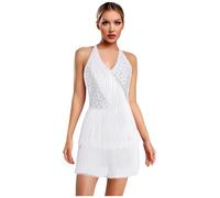 inhzoy Abito da Ballo Latino Americano Tango Donna con Nappe Strass Vestito Danza Classica Moderna con Frange Body Ginnastica Costume Danza Samba Rumba Salsa Dancewear Bianco L