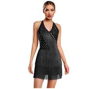 inhzoy Abito da Ballo Latino Americano Tango Donna con Nappe Strass Vestito Danza Classica Moderna con Frange Body Ginnastica Costume Danza Samba Rumba Salsa Dancewear Nero L