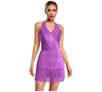 inhzoy Abito da Ballo Latino Americano Tango Donna con Nappe Strass Vestito Danza Classica Moderna con Frange Body Ginnastica Costume Danza Samba Rumba Salsa Dancewear Viola M