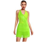inhzoy Abito da Ballo Latino Americano Tango Donna con Nappe Strass Vestito Danza Classica Moderna con Frange Body Ginnastica Costume Danza Samba Rumba Salsa Dancewear Giallo L