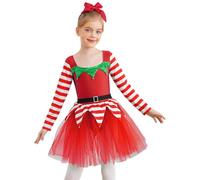 inhzoy Abito tutù Danza Classica Ballerina Bambina Manica Lunga Vestito da Pattinaggio Artistico Body Abito Natalizio Costume da Elfo di Natale Vestito Babbo Natale Rosso 9-10 Anni