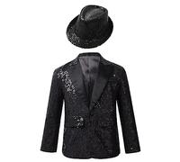 inhzoy Blazer Giacca Paillettes Bambino Gentleman Tuxedo Smoking Giacca Elegante Brillantini con Cappello Abito da Battesimo Festa Sera Capotto da Banchetto Compleanno Nero 11-12 Anni