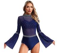 inhzoy Body da Ginnastica e Danza Classica Donna Manica Svasata Body da Balletto Ballo Latino Americano con Strass Leotards Jumpsuit Tutina Bodysuit da Pattinaggio Artistico Blu scuro S