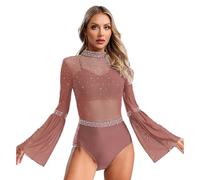 inhzoy Body da Ginnastica e Danza Classica Donna Manica Svasata Body da Balletto Ballo Latino Americano con Strass Leotards Jumpsuit Tutina Bodysuit da Pattinaggio Artistico Marrone M