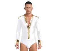 inhzoy Body Uomo Danza Classica con Strass Costumi Prestazioni Uomo Camicia da Ballo Latino Americano Tango Body da Pattinaggio Artistico Costume Danza Samba Rumba Salsa Bianco M