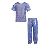 inhzoy Completo Sportivo Bambino Ragazzo Lucido Maglietta Sportiva Danza Moderna Manica Corta T-Shirt Maglia Lucida e Pantaloni Sportivi Tuta da GInnastica Ballo di Strada Blu reale 3-4 anni