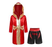 inhzoy Costume da Boxe Bambino Ragazzo Costume Pugile Allenamento Mantello da Boxe Kickboxing con Pantaloncini Muay Thai MMA Abito Gioco di Ruolo Costume Carnevale Halloween Borgogna&Nero 11-12 anni