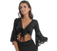 inhzoy Costume da Danza del Ventre da Donna Cardigan in Pizzo Patchwork con Paillettes Top Corto con Scialle con Maniche Vestito da Danza Classica Spettacolo Discoteca Nero L