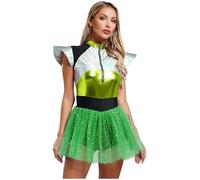 inhzoy Costume da Tuta per Astronauta per Donna Costume da Alieno Leotard con Gonna in Tulle Jumpsuit Uniforme Tuta Spaziale Costumi Carnevale Halloween Abiti Festa a Tema Verde 4XL
