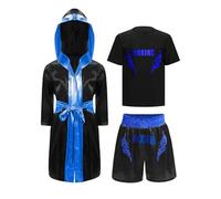 inhzoy Costume Pugile Bambino e Ragazzo Cappotto Kickboxer con Cappuccio + Maglietta + Pantaloncini Muay Thai Completo da Boxe Abbigliamento da Combattimento Kick Boxing Nero&Blu 13-14 anni