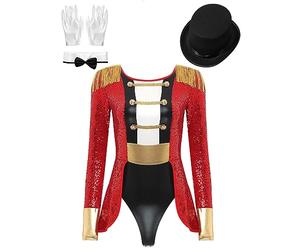 Inhzoy Domatrice del Circo Donna Body Maestro a Maniche Lunghe Ringmaster Showman Teatro Con Paillettes - Costume da Festa di Halloween Carnevale Rosso M