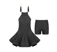 inhzoy Vestito da Ballo Latino Americano Bambina Ragazza Latin Dance Dress Abito da Danza Samba Tango Salsa + Pantaloncini + Orecchini con Nappe Ballroom Dancewear Performance Nero 7-8 Anni