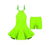inhzoy Vestito da Ballo Latino Americano Bambina Ragazza Latin Dance Dress Abito da Danza Samba Tango Salsa + Pantaloncini + Orecchini con Nappe Ballroom Dancewear Performance Verde 11-12 Anni