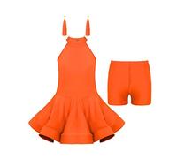 inhzoy Vestito da Ballo Latino Americano Bambina Ragazza Latin Dance Dress Abito da Danza Samba Tango Salsa + Pantaloncini + Orecchini con Nappe Ballroom Dancewear Performance Arancione 9-10 Anni