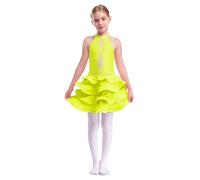inhzoy Vestito da Ballo Latino Americano Tango Bambina con Strass Abito da Pattinaggio Artistico Body Danza Classica Moderna Jazz Latina Collo Halter Costume da Ballo Giallo 9-10 Anni