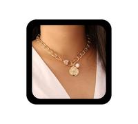 Inilbran Collana Di Medaglioni Di Monete Esagerate Boho Collana Di Ciondoli A Cuore Vintage Collana Di Perle Barocche D'oro Collane Di Dischi Di Ritratti Collane Di Catene Cubane Gioielli Per Le Donne