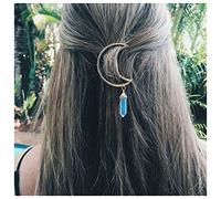 Inilbran Fermaglio per Capelli Boho Moon Fermaglio per Capelli a Mezzaluna Cava Vintage Ciondolo in Pietra Naturale Forcina Esagonale Fermaglio per Capelli con Goccia di Cristallo(Pietra di Luna)