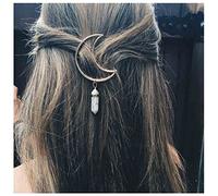 Inilbran Fermaglio per Capelli Boho Moon Fermaglio per Capelli a Mezzaluna Cava Vintage Ciondolo in Pietra Naturale Forcina Esagonale Fermaglio per Capelli con Goccia di Cristallo(Pietra di Marmo)