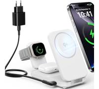 INIU Base Ricarica Bianco per iPhone 16 15 14 13 12 Apple Watch Ultra 10 9 Airpods 4 3 pro, 15W Caricatore Wireless 3 in 1 Certificato-Qi2 Mag-safe Caricatore (inclusi adattatore e cavo USB)