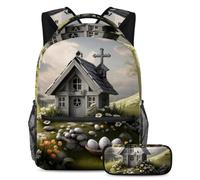 Inizia l'anno scolastico giusto con il nostro set di 2 zaini per bambini, zaino e astuccio inclusi, casa grigia con croce pasquale, Multicolore, B：29.4x20x40cm P：19x7.5x3.8cm, Zaini Daypack