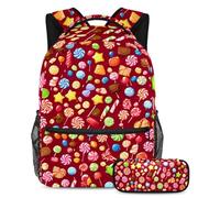 Inizia l'anno scolastico giusto con questo set di 2 zaini per bambini, include borsa per libri e astuccio, motivo caramelle rosse, Multicolore, B:29.4x20x40cm P:19x7.5x3.8cm, Zaini Daypack