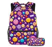 Inizia l'anno scolastico giusto, zaino con astuccio, comodo set di 2 zaini per bambini per ragazzi ragazze adolescenti, motivo viola caramella, Multicolore, B：29.4x20x40cm P：19x7.5x3.8cm, Zaini