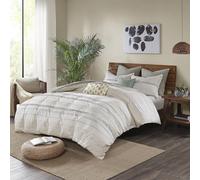INK+IVY Set copripiumino in 100% cotone, design moderno della metà del secolo, per tutte le stagioni, set di biancheria da letto abbinato, king size (264 x 233 cm), motivo a righe avorio con nappe, 3