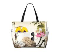 Ink Lotus Painting Print Large Waterproof Beach Tote Bag per le donne con zip e tasche borsa pieghevole per viaggi, piscina, shopping, vacanze, palestra