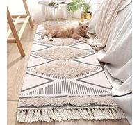 INKAROBOX Tappeto in cotone trapuntato, lavabile con nappe, geometrico, shag, per lavanderia/camera da letto (beige, 60 x 180 cm)