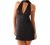 INLANDSIS Abito da donna con allacciatura al collo, con sciarpa, Y2k, sexy, senza schienale, in raso di seta per discoteca, Nero , L
