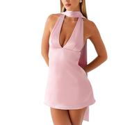 INLANDSIS Abito da donna con allacciatura al collo, con sciarpa, Y2k, sexy, senza schienale, in raso di seta per discoteca, Colore: rosa., L